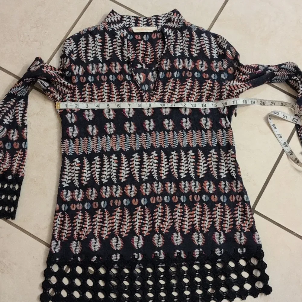 Tory Burch Semi Sheer Floral V-Neck Tunic Blouse Purple Black Size 0